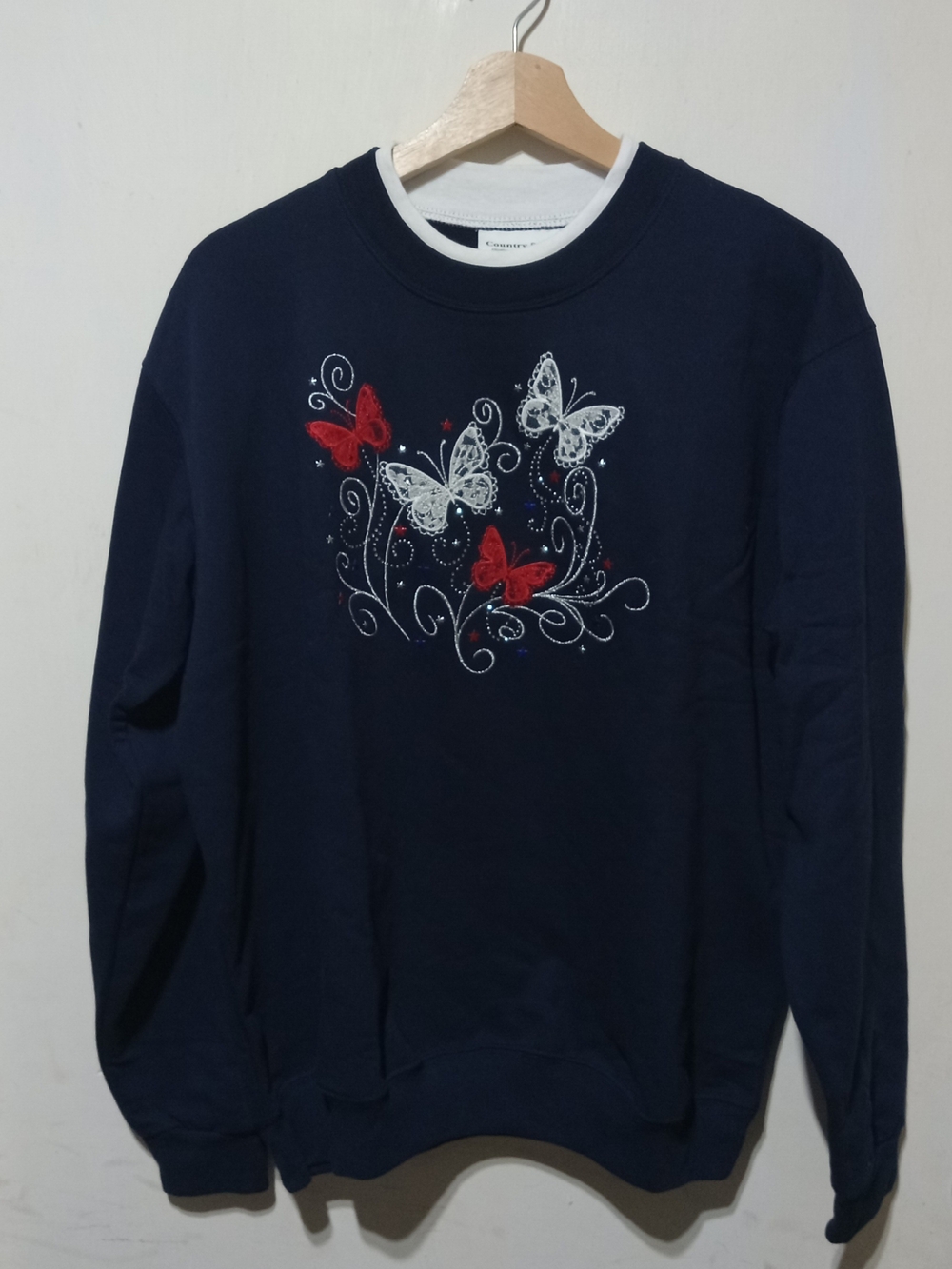 Navy Butterfly Embroidered Crewneck Sweatshirt - Country Store